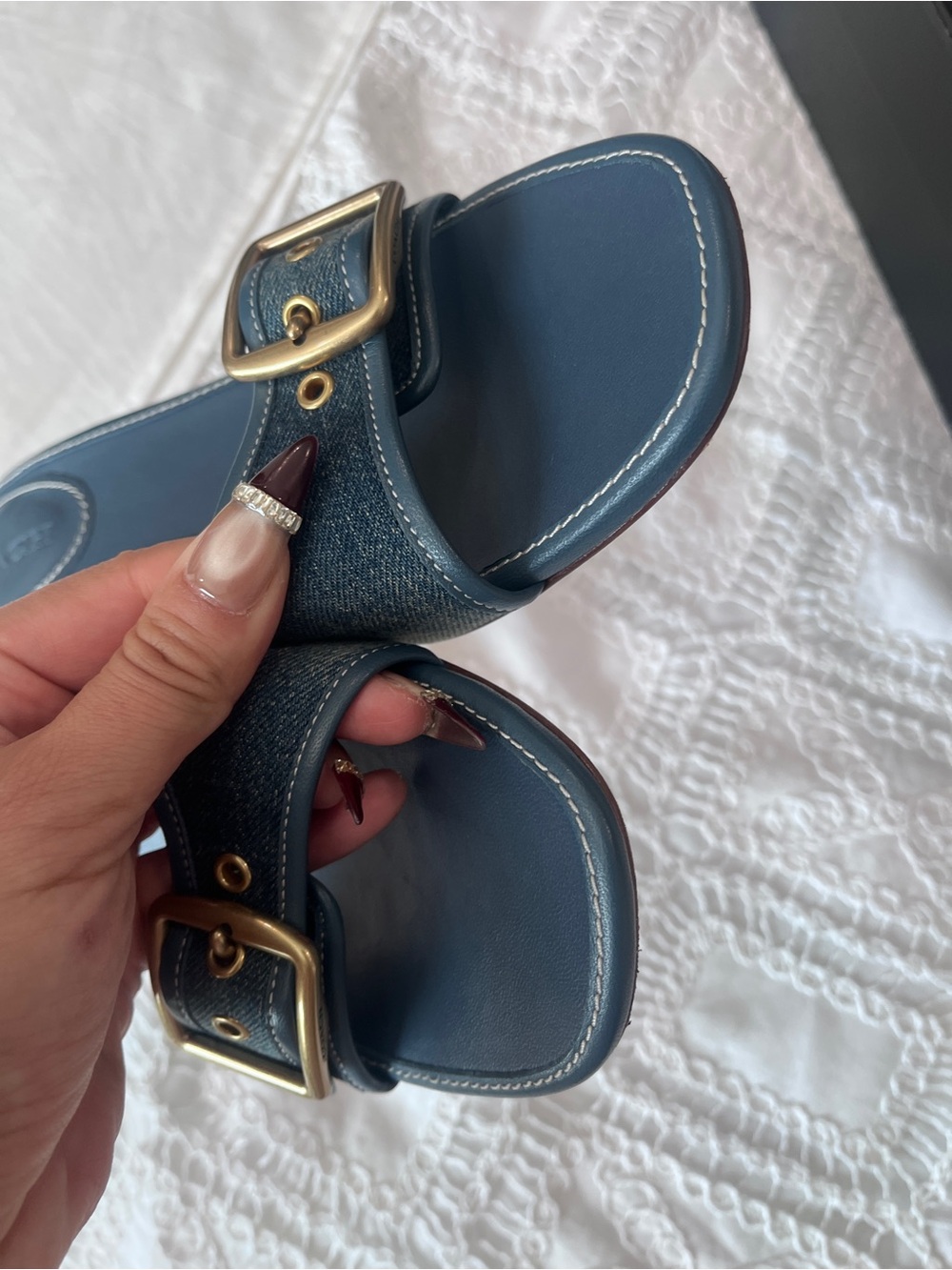Coach Navy Slide Mules with Gold Buckle - Picture 3 of 5